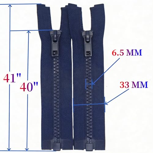 Image of MebuZip 2PCS #5 40 Inch Separating Jacket Zippers Resin Zipper Molded Plastic Zippers Bulk for Sewing Coat Jackets Clothes (Navy Blue)