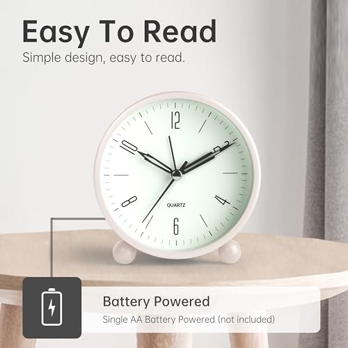 Image of JALL Analog Alarm Clock, 4 inch Super Silent Non Ticking Small Clock with Night Light, Battery Operated, Simple Design, Old Fashioned Style Cream Decor, for Bedroom, Bedside, Desk, Adult, Gift, White