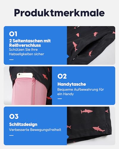 MaaMgic 2 in 1 Badehose für Herren mit Kompression Innenhose | 7" Schnelltrocknend Badeshorts Männer 4 Way Stretch Boardshorts mit Reißverschlusstasche Verstellbar Tunnelzug,L,Schwarz Rosa Hai 5
