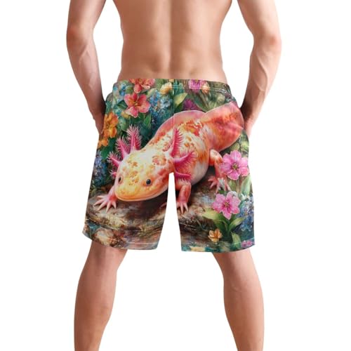 Men's Swim Trunks Quick Dry Swimming Shorts with Pocket Colorful Axolotl in Floral Garden Swimsuit Trunks2