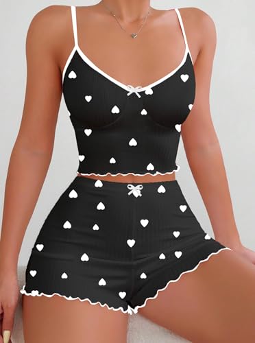 Image of Hilinker Womens Graphic Print Ribbed PJ Set Crop Cami Tops and Shorts Cute Pajamas Set