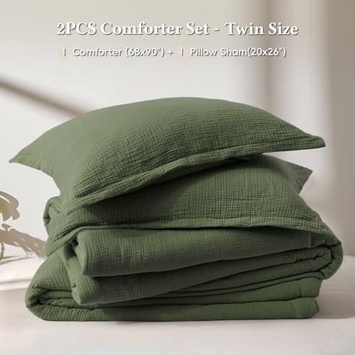 Image of David's Home Cotton Muslin Comforter Set Twin Size, 100% Cotton Cover Ultra-Soft Breathable Skin-Friendly for Spring Summer, 2PCS Linen Like Gauze Bedding Set with Polyester Filling, Olive Green