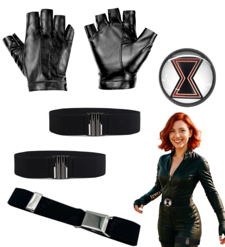 Swooflia Widow Halloween Costume Accessories Women - Costume Outfit Cosplay Party Accessories Set for Women, 4 PCS Black Half Finger Glove Belt Leg Straps Pin (no costume)