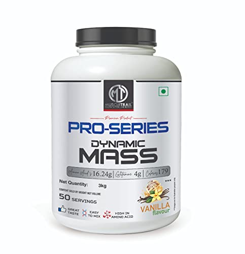 Image of MuscleTrail Pro Series Dynamic Mass Gainer|(Vanilla,3kg)|4g glutamine|16.24g Amino Acid|179 Cals|Easy to mix, Powder