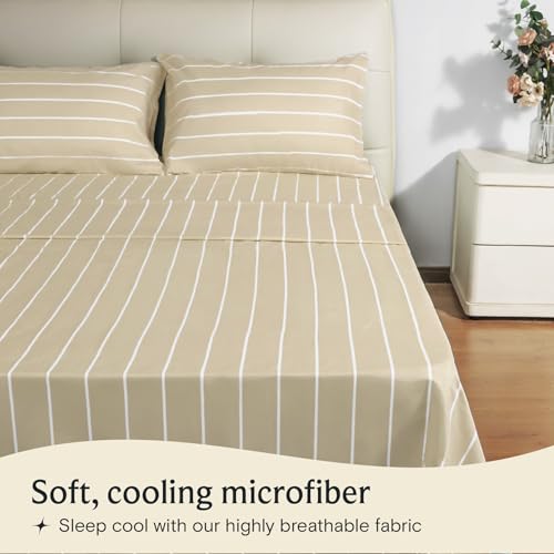 Image of LuxClub 4 PC King Size Sheet Set, Breathable Luxury Bed Sheets, Deep Pockets 18 inch Wrinkle Free Cooling Machine Washable Hotel Bedding (Striped Cream)