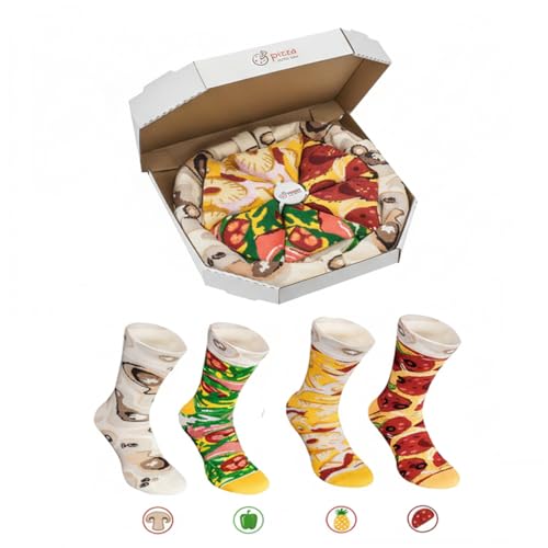 Gifts Socks Funny Sock for Men Cotton Rich Socks 4 Pairs Pizza Pattern Crew Socks in Gift Box Cool Gadget Colorful Design for Adult Male Unique Present for Birthday or Holiday Soft Casual Fit