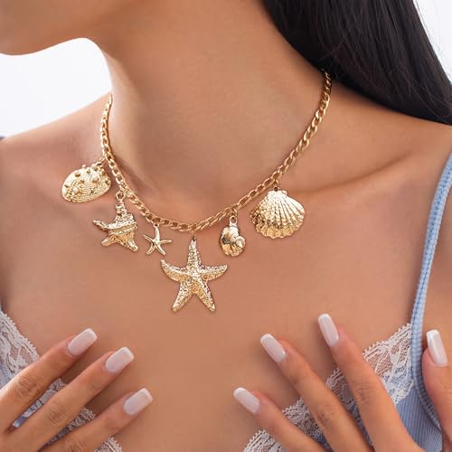 Seashell Necklaces for Women Big Starfish Shell Charm Chunky Gold Necklace Beach Jewelry for Women Summer Accessories3