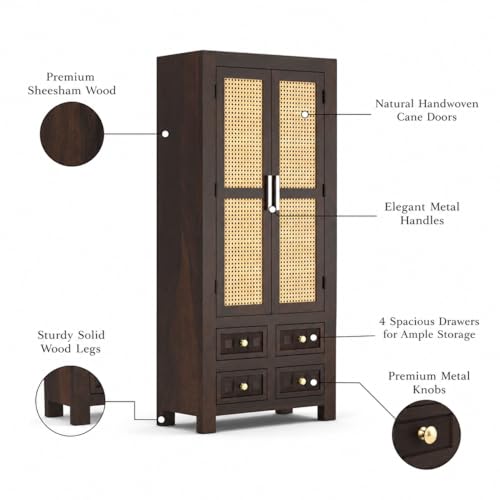 Image of PS DECOR Solid Sheesham Wood Book Shelf Cabinet with Cane Rattan Doors & 4 Drawers | Modern Wooden Bookshelf Storage Unit for Home Library, Living Room & Office (Walnut Finish)