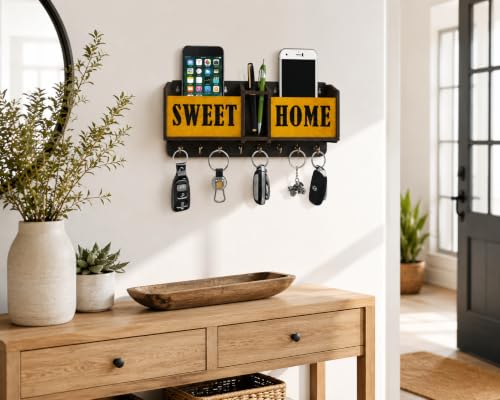 Image of Sweet Home Key Holder for Home Wall Stylish | Wooden Key Stand for Wall | MDF Key Hanger | Two Box to Charge Mobile | Pen and Keys Holder Stand for Office, Hall Living | Matte Finish
