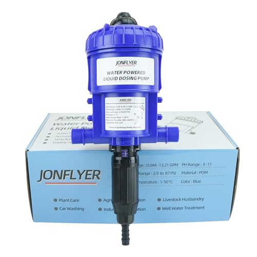 JONFLYER GEN Ⅱ 0.2-4.5% Fertilizer Injector Automatic Chemical Liquid Dosing Pump,13.21GPM,POM Housing,Water Powered Liquid Dispenser for Drip Irrigation Garden Greenhouse Livestock Water Well