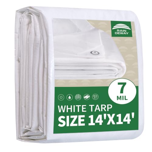 RAINDEWAY White Tarp 14x14 Feet 7Mil Thick Finished Size UV Resistant Multipurpose Poly Tarps Cover with Metal Grommets and Reinforced Edges
