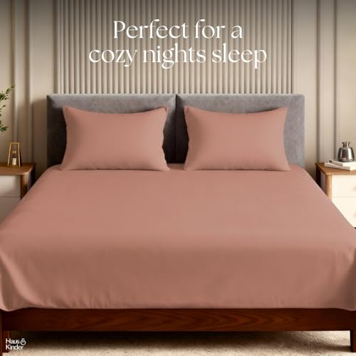 Image of haus & kinder Bedsheet Double Bed, 300 TC Cotton Sateen Weave, Fitted Bedsheet for Double Size Bed, Silky Smooth (Apricot, 60x78)