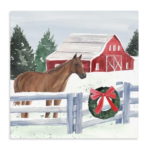 'Charming Red Snowy Barn Horse Standing Winter'| Canvas Art