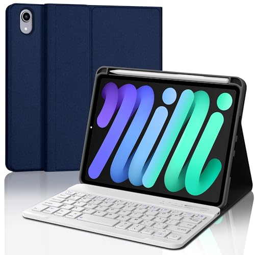 Image of Keyboard Case for iPad Mini 7th (A17 Pro, 2024) & Mini-6th Gen 2021 Case with Keyboard, Smart Case for iPad Mini-7th Key Board with Pen Slot, Cute Cover with Keypad for Mini 7 /6 8.3inch, Blue-white