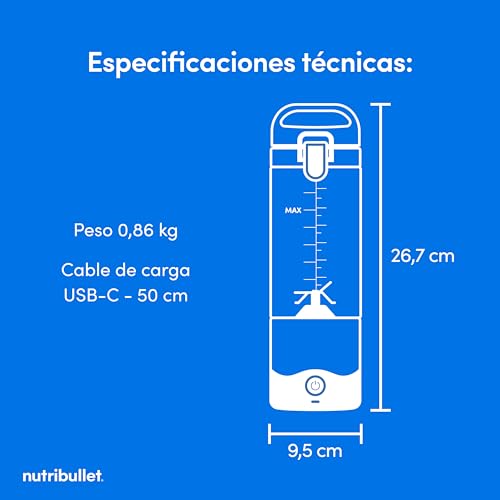 Miniatura 7 de Nutribullet Tritan Batidora Portátil Y Ligera, Minibatidora Con Cuchilla De Acero Inoxidable De 4 Puntas, Batidora Multifunción, Cargador Usb-C Más De 15 Ciclos De Batido, 475 Ml, Nbp003b Negro