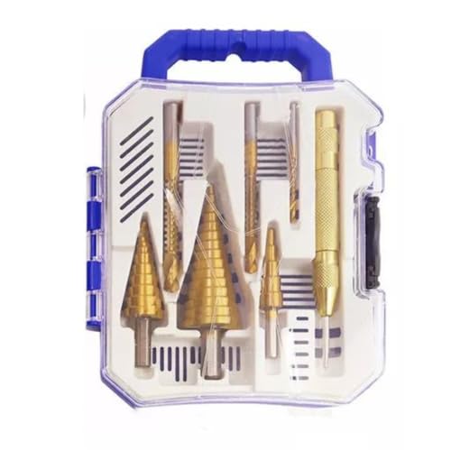 Jogo de Brocas Escalonadas 7 Peças com Corte Lateral + Marcador Punção – Estojo Organizador para Madeira, Metal, Alumínio, Cobre e Plástico – Compatível com Furadeira e Parafusadeira