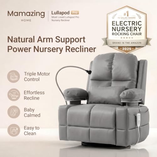Image of MAMAZING Lullapod Power Nursery Rocking Chair with HugAssist Armrest | Triple Motor Power Nursing Recliner with 270 Swivel Glider & Quiet Rocking, Dual Charging Ports & Built-In Storage