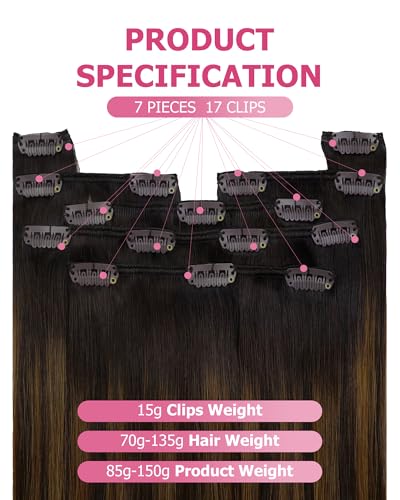 Image of YoungSee 135G Clip in Hair Extensions Human Hair, 18 Inch 7 Pieces Brown Balayage, Clip in Extensions Real Human Hair, Dark Ombre Medium Brown Balayage, Hair Extension Clip ins for Women