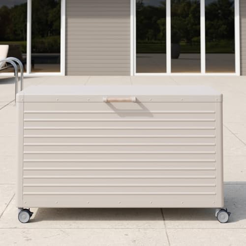 Image of MIRADOR 134 Gallon Outdoor Storage Box with Wheels & Soft-Close Lid, Waterproof Metal Deck Box for Patio Cushions, Garden Tools & Pool Accessories, Latte