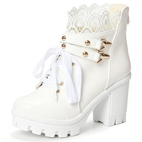 Image of FOREADA Goth Boots Chunky Heel Boot For Women Ankle Combat Booties Black Platform Bootie Buckle Rivets Punk Goth Shoes With Zipper