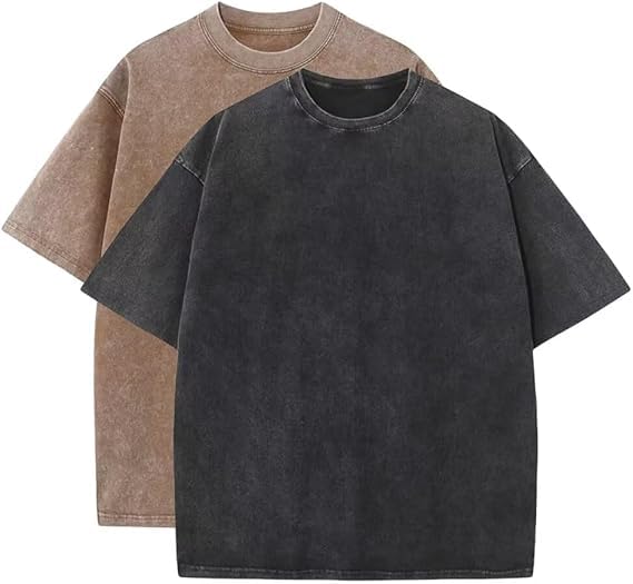 2PCS Men Oversize T-Shirt Men's Heavy Cotton Summer T-Shirt tee Loose Fit Short Casual Wash Solid Basic tee Tops (M,01)