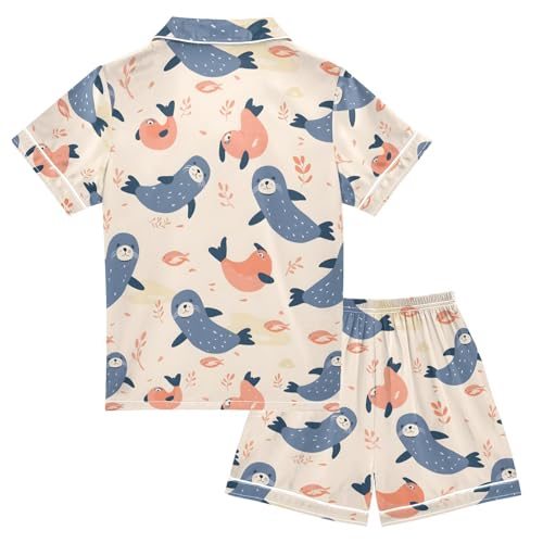 ALAZA Cute Dolphin Fish Leaf Seal Pajamas Satin Pajama Set Short Sleeve Button Down Sleepwear2