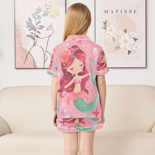 ALAZA Mermaid with Wreath Starfish Satin Pajamas Set Short Sleeve Button Down Sleepwear Summer Pjs 2 Piece4