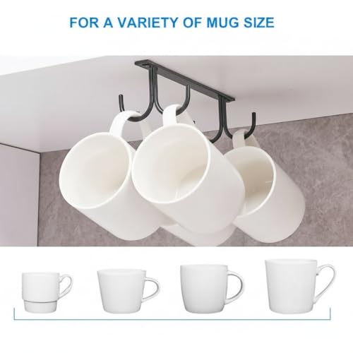 Image of Under Cabinet Mug Rack - 8 Hook Coffee Cup Holder, Under Shelf Hanging Mug Organizer for Kitchen, Bar & Utensils, Space Saving Metal Rack (Black)