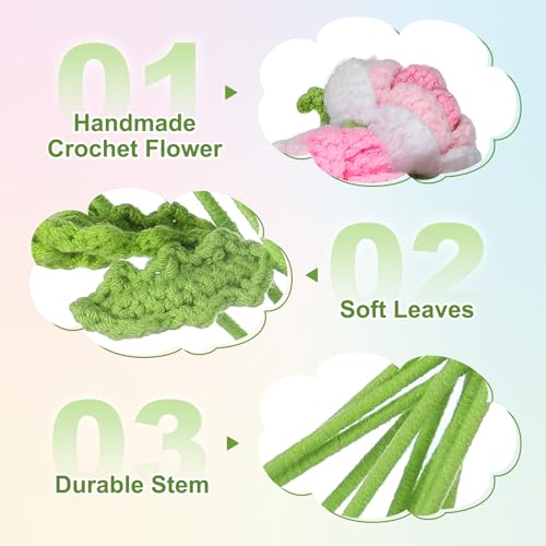 QUARKZMAN Gehäkelte Blumen Handgefertigte Strickrosen Künstliche Gewebte Kleine Topfpflanzen mit Stielen für Valentinstagsgeschenke Zuhause Party Büro, Farbverlauf Hellrosa Menge 10