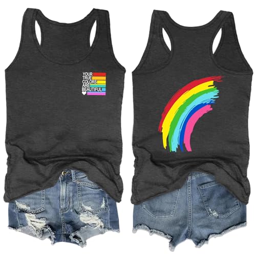 Image of Ithalt Pride Tank Top for Women LGBT Rainbow Flag Shirt Love Heart Graphic Tee Lesbian Gay Pride Sleeveless Vest