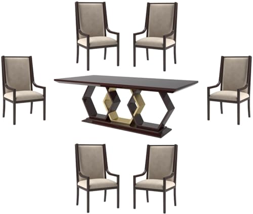 Casa Padrino Juego de Comedor Art Deco de Lujo Beige/Marrón Oscuro Brillante/Oro - 1 Mesa de comedor y 6 sillas de comedor - Muebles Art Deco - Calidad de lujo