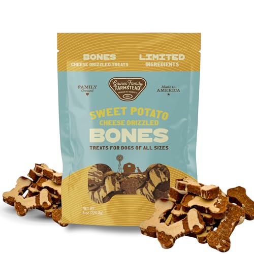 Gaines Family Farmstead Cheese Drizzled Sweet Potato Dog Bones - 8 oz Bag, Grain-Free, All-Natural Dog Treats for Digestion, Skin, Energy & Immunity – Limited Ingredient, Made in USA