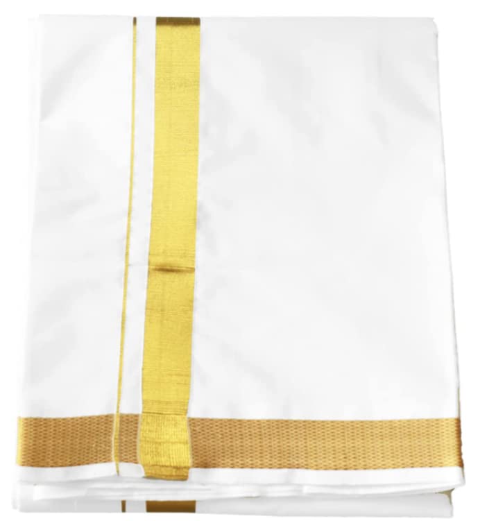 Cotton White Color Dhoti Vesti Mundu Single Layer with Golden Border Traditional Ethnic Wear for Religious Occasion Wedding New Year Temple Puja Rituals Housewarming and Gifting (White 2 Meters) - Image 2
