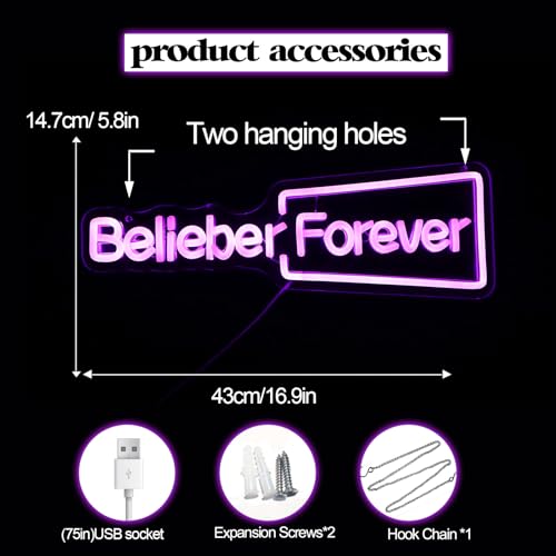 Image of Belieber Forever Neon Sign, Canadian Pop Music Singer LED Neon Light for Bedroom, Music Room, Dormitory, Birthday Party Decoration, Teen Idol Inspired Gifts