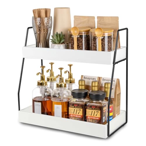 Gzsekken Coffee Station Organizer for Countertop,2 Tier Coffee Bar Station,White Coffee Bar Accessories Organizer Kitchen Counter Shelf,Tea and Coffee Condiment Storage,Coffee Caddy for Home,Office