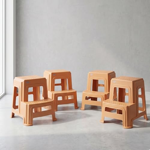 Image of Oaknest Supreme Multipurpose Plastic 2-Step Stool for Kids & Adults - Anti-Slip Lightweight Stepping Stool for Kitchen, Bathroom & Home - Amber Gold, 4 Piece