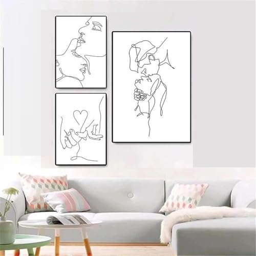 3 impresiones minimalistas de dibujos lineales en blanco y negro de pareja besándose,arte de corazón,pintura en lienzo,póster de mano en mano,imágenes para decoración hogar 30x40cmx3 sin marco