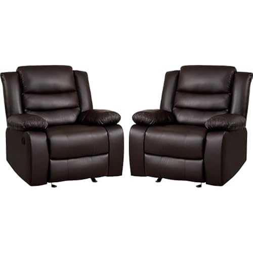 PrimeZone Oversized Rocker Recliner Chair - Comfy Wide Recliner Chair with Overstuffed Armrest, Faux Leather Manual Reclining Chairs for Living Room, Bedroom, Home Theater, Brown Set of 2