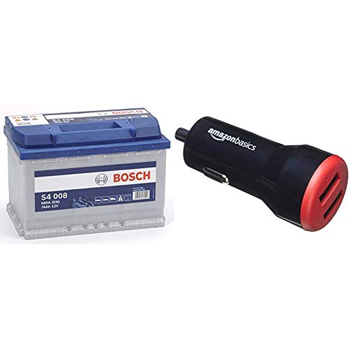 Bosch S4008 Batterie de Voiture 74A/h-680A + Amazon Basics Chargeur 2 ports USB de voiture pour appareils Apple et Android 4,8 Amp/24 W, Noir/rouge