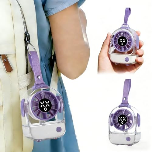 VanSmaGo Mini ventilador portátil, 5 velocidades, fuerte flujo de aire, suspensión de escritorio, ventilador turbo con pantalla de emoji, inclinación de 30°, batería recargable por USB, pequeño