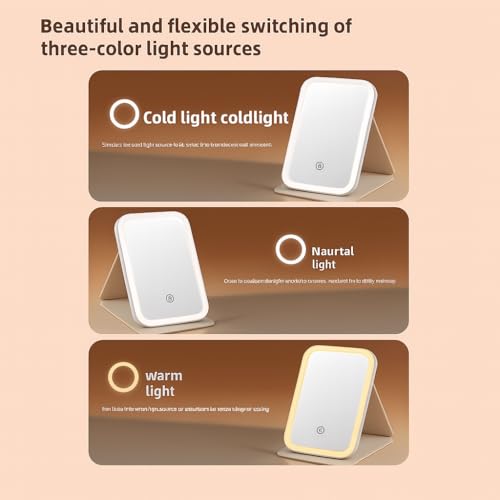 Image of Coslifestore LED Lighted Makeup Mirror with 3 Color Modes, Foldable & Rechargeable Battery Portable Vanity Rectangular Mirror with Stand for Travel & Home