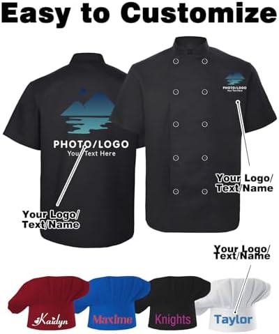 Chef Coat Personalized Men/Women Chef Jacket Bulk Customized Logo/Name/Text Chef Coat with Pockets Restaurant/Hotel Uniform, Black, XS-3XL - 1