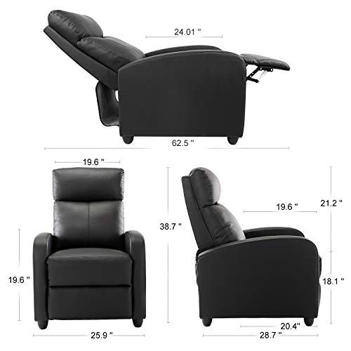 Zunmos Living Room Recliner Chair, Pu Leather Adjustable Single Recliner Sofa Home Theater Seating Reading Chair For Bedroom, Dark Black #TOP3
