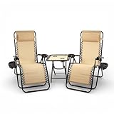 Pincho Tumbona Jardin Exterior Plegable de Gravedad Cero - Pack 2 Sillas Reclinables o Hamacas para Playa, Ligeras y Cómodas (Beige con Mesa Plegable)