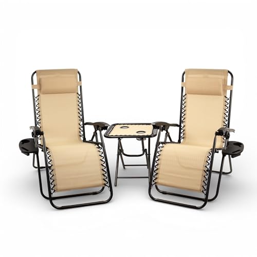 Pincho Tumbona Jardin Exterior Plegable de Gravedad Cero - Pack 2 Sillas Reclinables o Hamacas para Playa, Terraza y Camping con Portavasos, Ligeras y Cómodas (Beige con Mesa Plegable)