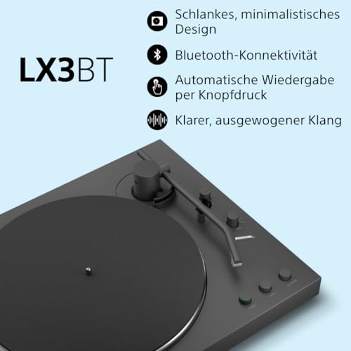 Sony PS-LX3BT kabelloser Bluetooth-Plattenspieler mit vollautomatischer Wiedergabe, Hi-Res Audio, Riemenantrieb, integriertem Phono-Vorverstärker, 2 Geschwindigkeiten und Staubschutzhaube – Schwarz