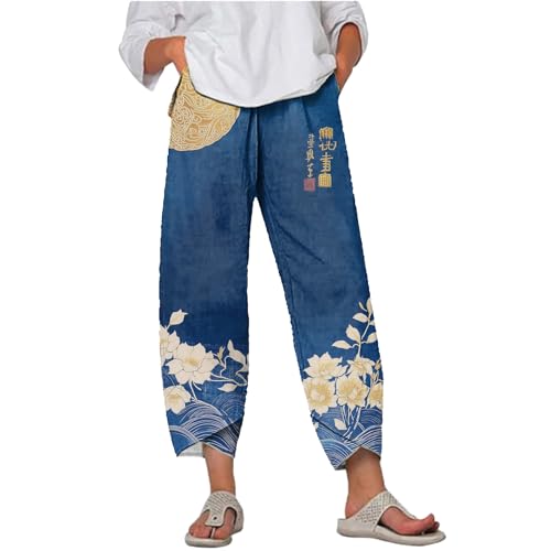 MARSVOVO Capri Pants for Women Summer Fashion Patchwork Cropped Comfy Wide Leg Baggy Trouser Palazzo Pants with Pockets