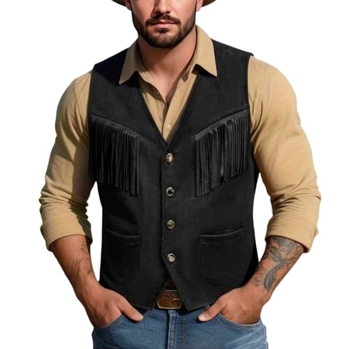 Gefomuofe Chaleco vaquero para hombre, cuello en V, con botones, chaleco de traje occidental, corte ajustado, piel sintética, para bodas, chaleco de ante con flecos, cárdigan, Negro , M