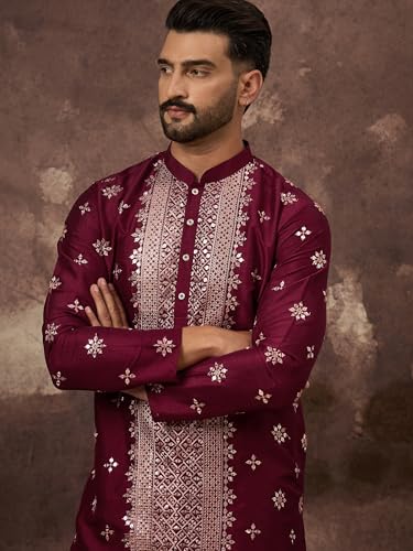 Image of Men's Solid Calf Length Silk Blend Embroidered Kurtas | Men | Kurtas for Mens | Straight Fit Kurta for Men's
