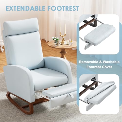 Image of Rocking Chair Nursery High Back Rest Glider Rocker with Footrest Nursing Rocking Chairs Upholstered Accent Arm Chair for Living Room Bedroom Indoor, Light Blue